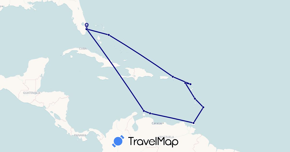 TravelMap itinerary: driving in Antigua and Barbuda, Barbados, Bahamas, France, Saint Kitts and Nevis, Netherlands, Trinidad and Tobago, United States (Europe, North America)